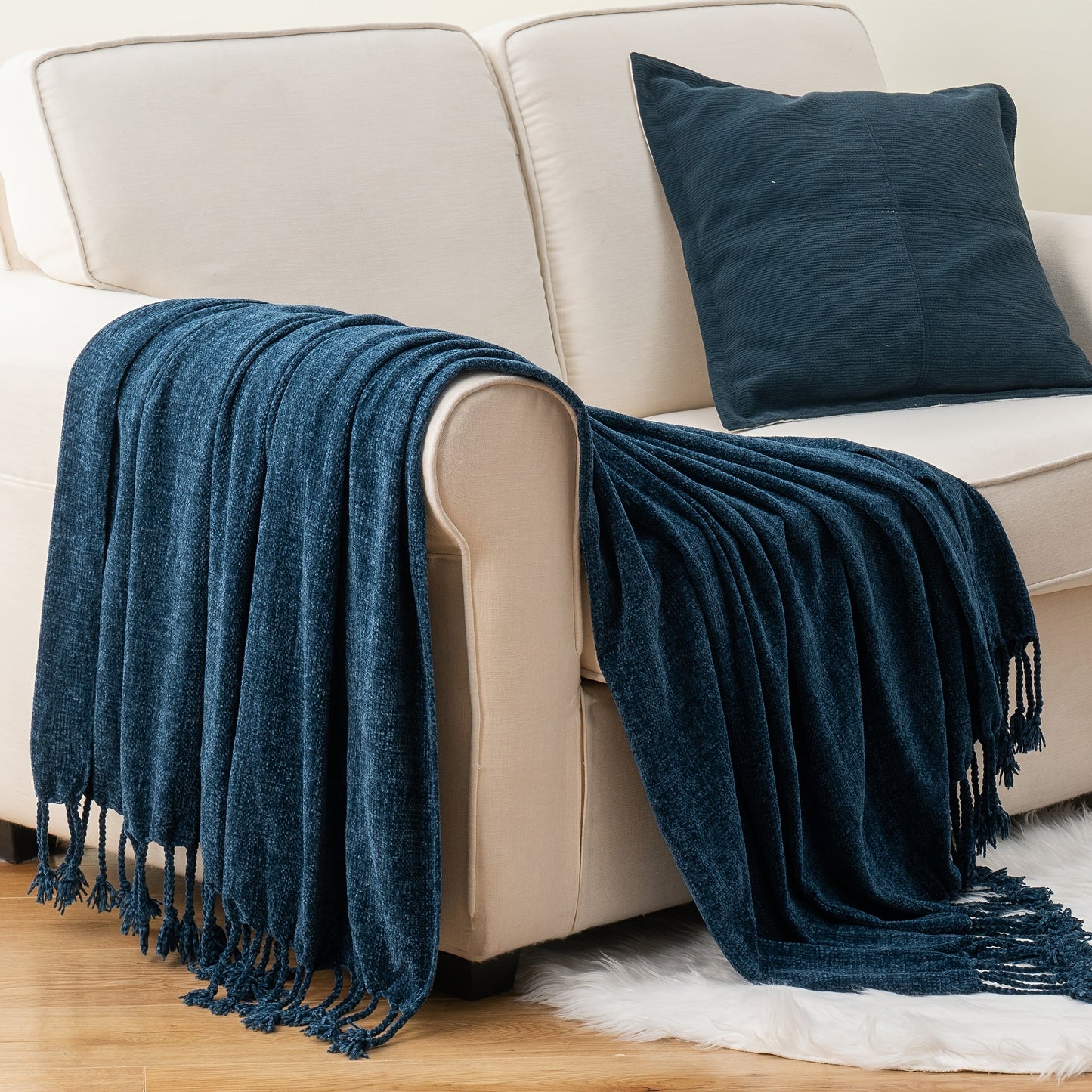 Chenille Fringe Throw Blanket – 180-200gsm Velvety Soft Decorative Throw for Sofa & Couch, Home Decor, 50”×60”, 17 Colors
