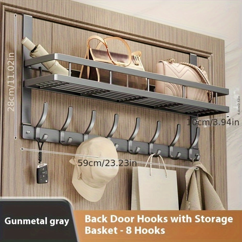 Over-the-Door Storage Rack with Hooks – Metal Multifunctional Organizer for Bedroom Bathroom Kitchen, 4/5/6/8 Hook Options in Gray & Black