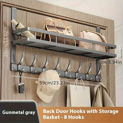 Over-the-Door Storage Rack with Hooks – Metal Multifunctional Organizer for Bedroom Bathroom Kitchen, 4/5/6/8 Hook Options in Gray & Black