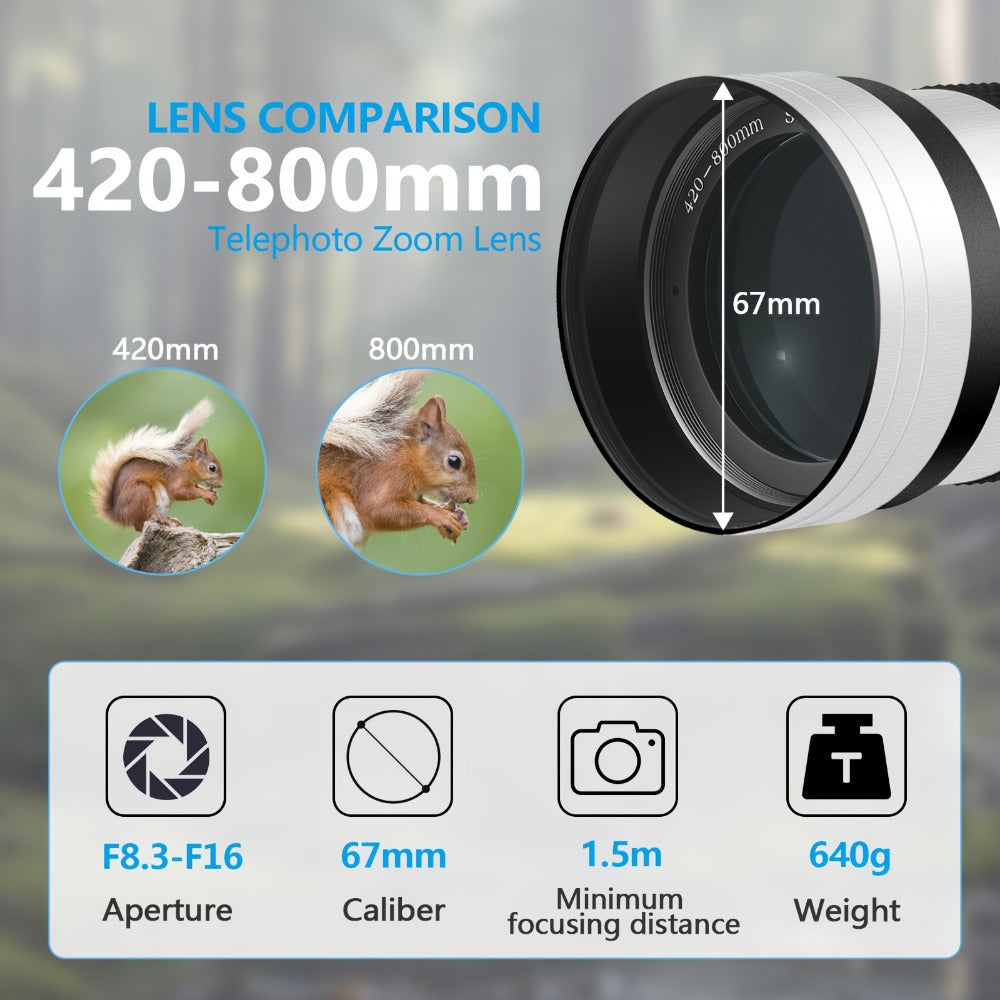 420-800mm High-Power Telephoto Zoom Lens F8.3-16 for Canon EF Mount DSLR Cameras Manual Focus T-Mount Adapter Included Compatible with Multiple Camera Models for Wildlife Bird Moon Photography
