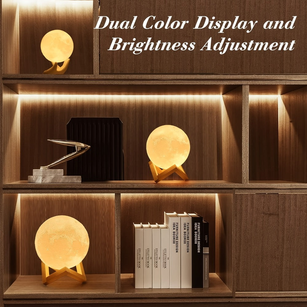 15cm Lunar Globe LED Night Light with Wood Stand, USB Rechargeable Power, Remote and 16 Colors