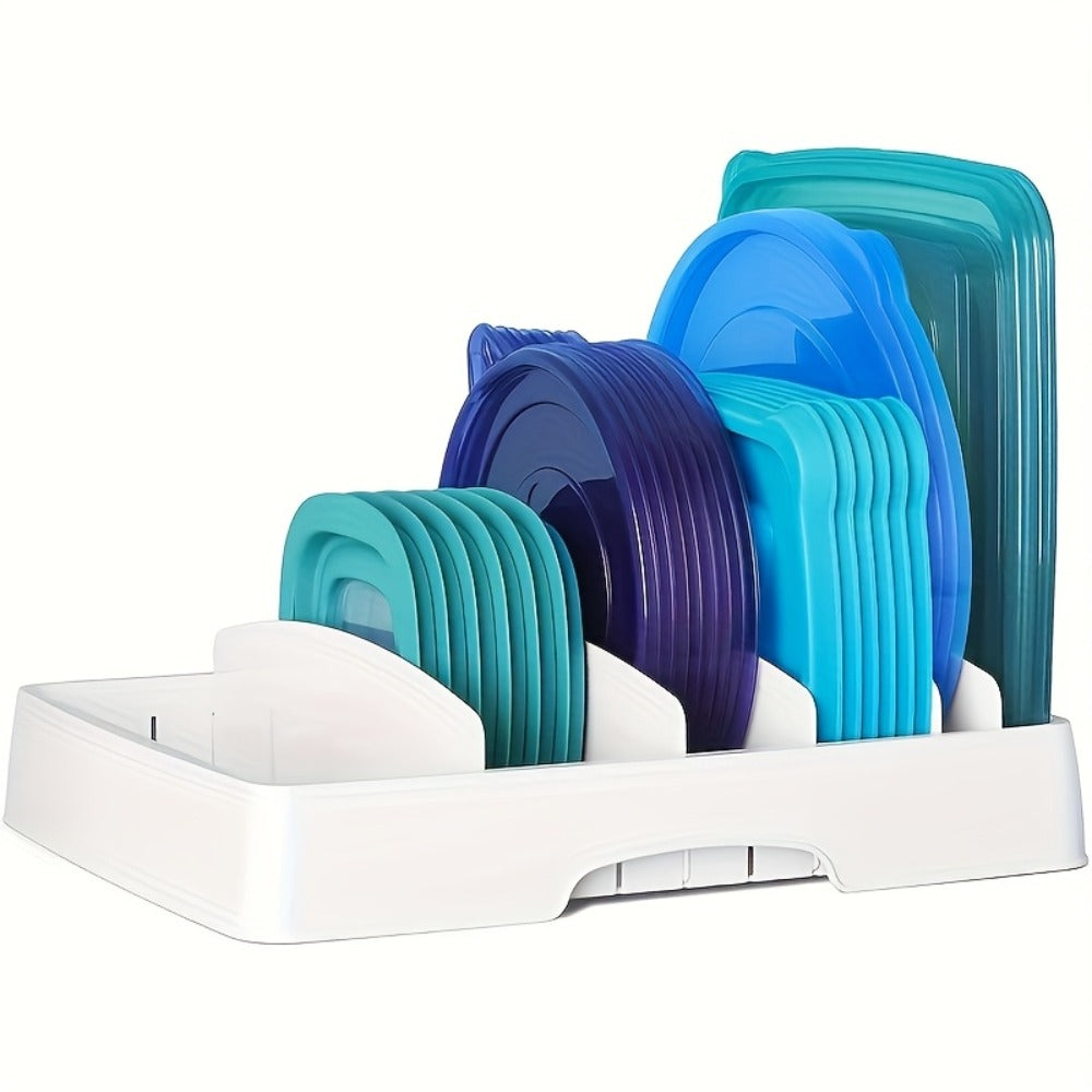 Lid and Board Kitchen Organizer with Five Adjustable Dividers and 13.25-Inch Base Storage Tray