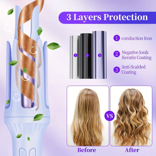 Curling Iron 32mm Automatic – Negative Ion Dual Slot Constant Temperature Anti-Scald Hair Curler with Bracket & Comb, Long-Lasting Bouncy Curls, No Heat Damage, Purple & Pink