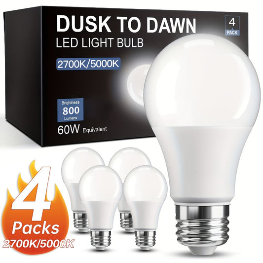 Dusk to Dawn LED Bulbs 4 Pack Auto On Off Light Sensor – 9W 60W Equivalent E26 Base 2700K Warm White for Porch Garage Pathway Outdoor Security Indoor Lighting
