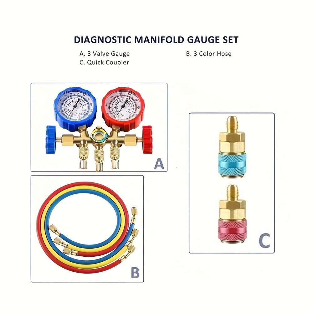 AC Manifold Gauge Set 3-Way with Color-Coded Hoses & Adapters for R134A R22 R12 R404A - HVAC Diagnostics A/C Recharge Leak Detection 0-500 PSI