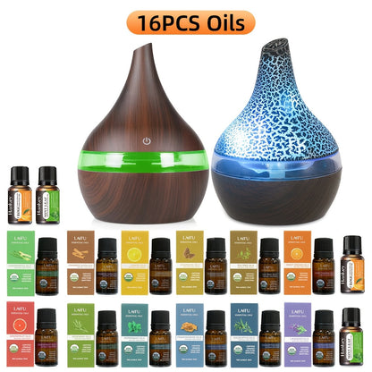 2-Pack 300ml Aroma Diffuser Set with Seven-Color Lights, 5V USB Power and 16 Included Oil Bottles