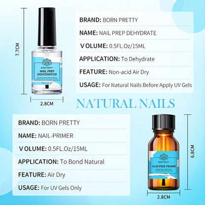 Gel Nail Prep Kit 4-Piece BORN PRETTY — Nail Dehydrator 15ml, Primer 15ml, Base Gel 10ml & Super Top Coat 10ml for Semi-Permanent Long-Lasting Gel Manicure, Salon & Home Use