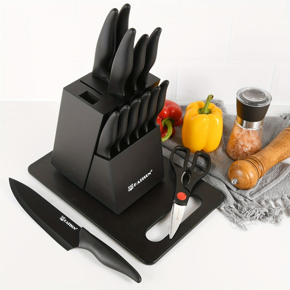 15-Piece Kitchen Knife Set with Black Handles, Steak Knives, Scissors, Honing Rod, Cutting Board and Storage Block