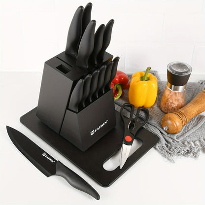 15-Piece Kitchen Knife Set with Black Handles, Steak Knives, Scissors, Honing Rod, Cutting Board and Storage Block