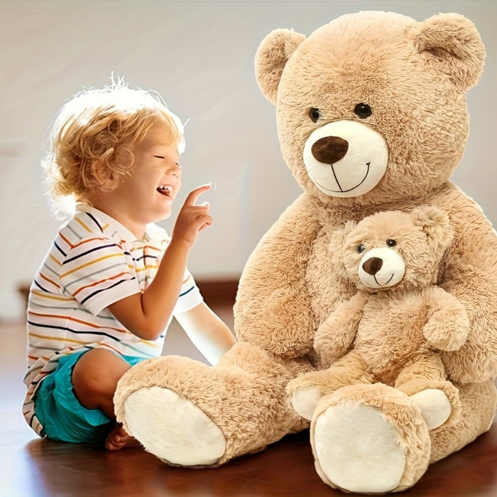 Stuffed Animal Mommy and Baby Teddy Bear Two-Piece Set in Light Brown with Large Cuddly Design