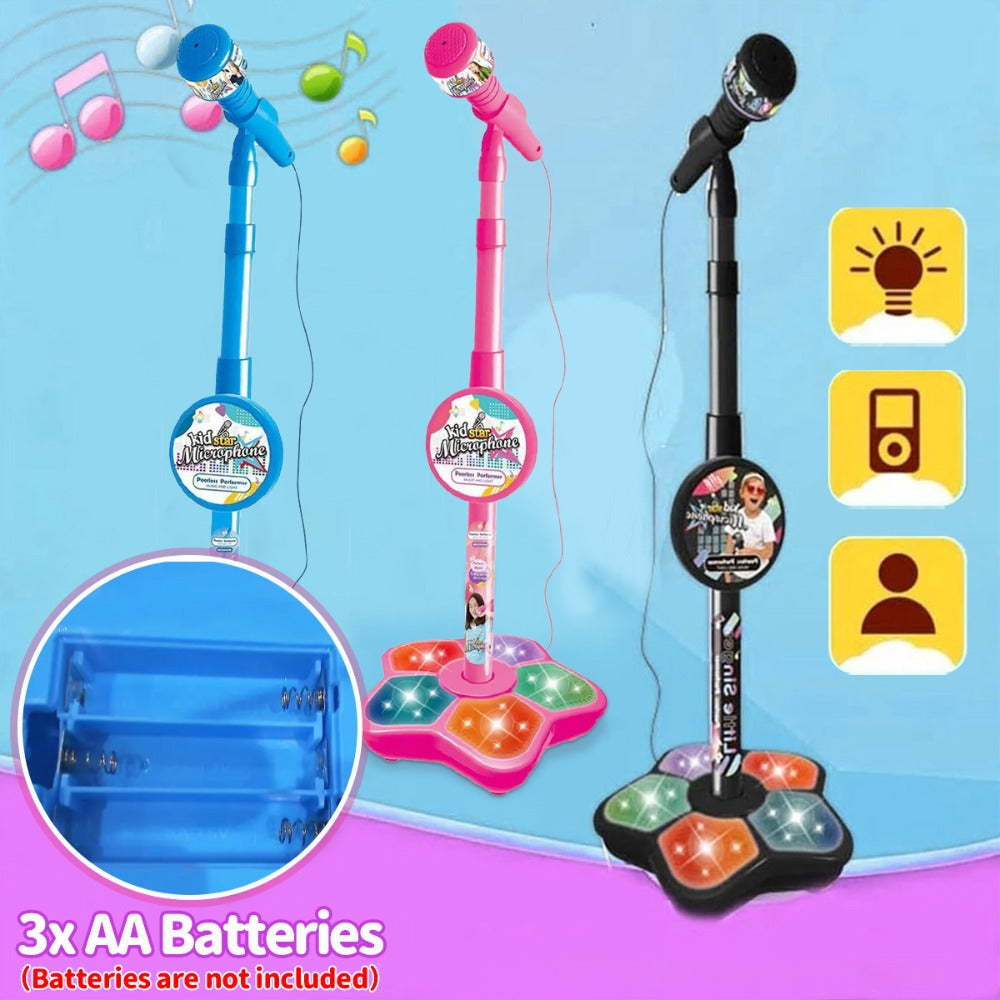 Kids Karaoke Microphone with Stand & Amplifier – Singing Toy for Girls Boys Age 3+, Random Print Design, Birthday Gift, Blue / Black / Pink