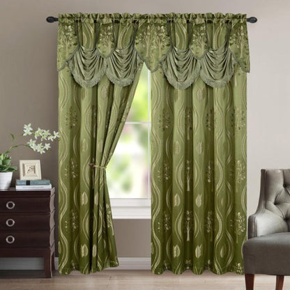 Two-Panel Jacquard Window Curtain Set with Attached Waterfall-Style Valance, 54 x 84-Inch Size and Four Colors