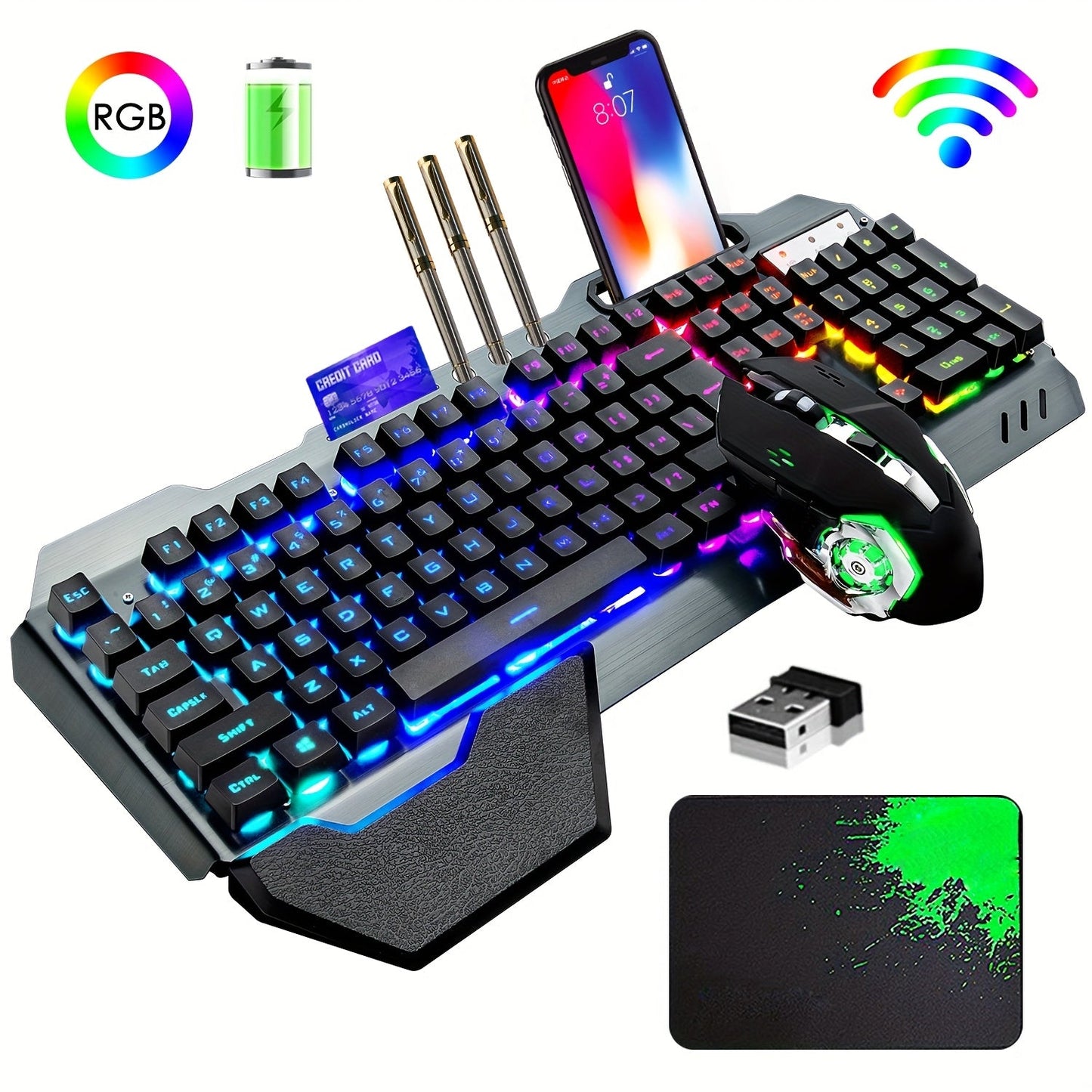 RGB Wireless Gaming Keyboard and Mouse Combo 2.4GHz Rechargeable Backlit Mechanical Feel Metal Panel for PC Laptop Desktop Black White Gamer Gift