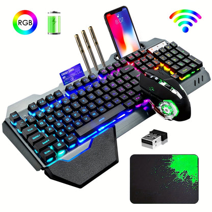 RGB Wireless Gaming Keyboard and Mouse Combo 2.4GHz Rechargeable Backlit Mechanical Feel Metal Panel for PC Laptop Desktop Black White Gamer Gift