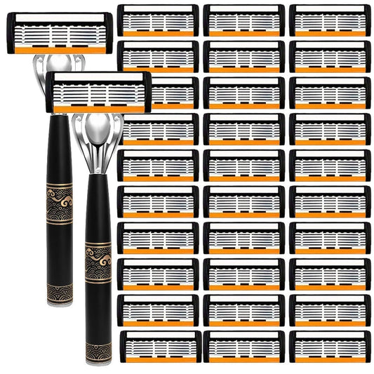 Men's Razor 6-Layer Blade Refill Kit with Handle Smooth Precise Shaving - Multiple Options 6 12 24 30 36 Blades Cartridge Razor Anti-Irritation Close Shave Grooming Gift for Men