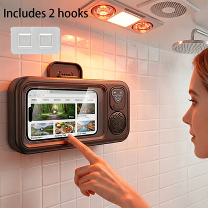 Shower Phone Holder Wall Mount with Bluetooth Speaker – 360° Rotating Waterproof Touchscreen Bathroom Phone Stand for iPhone 16 15 14 13 Samsung Galaxy Android – Hands-Free Bathtub Mirror Mount Black Pink White