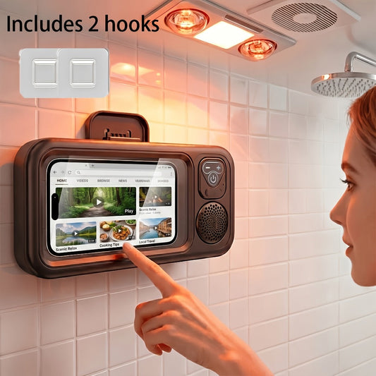 Shower Phone Holder Wall Mount with Bluetooth Speaker – 360° Rotating Waterproof Touchscreen Bathroom Phone Stand for iPhone 16 15 14 13 Samsung Galaxy Android – Hands-Free Bathtub Mirror Mount Black Pink White