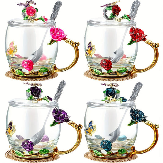 Flower Glass Tea Cups with Lids and Spoon Set of 4 – Butterfly Floral Vintage Clear Glass Mugs 11oz, Fancy Teacup Gift Set for Women Mom Wife Girlfriend, Pink Purple Blue Red