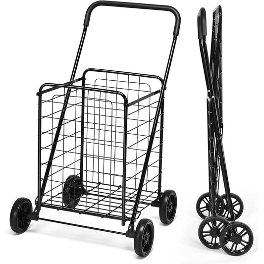 Rolling Shopping Cart Heavy Duty Metal Basket 100 LBS Capacity, Foldable Grocery Utility Cart with Foam Handle Large Wheels 22 Gal for Supermarket Laundry Warehouse