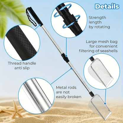 Three-Section Telescopic Beach Sand Sifter with Rectangular Mesh Basket, Wrist Strap and Retractable Handle