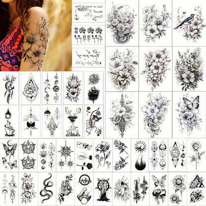Floral Temporary Tattoos for Women 44-Pack | Realistic Butterfly Snake Half Arm Body Art Stickers | Large & Small Sheets Waterproof Long-Lasting Fake Tattoo | Black Flower Design Set for Adults Teens