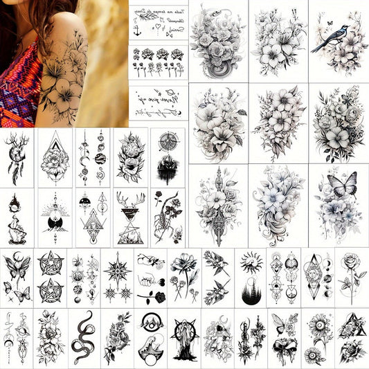 Floral Temporary Tattoos for Women 44-Pack | Realistic Butterfly Snake Half Arm Body Art Stickers | Large & Small Sheets Waterproof Long-Lasting Fake Tattoo | Black Flower Design Set for Adults Teens