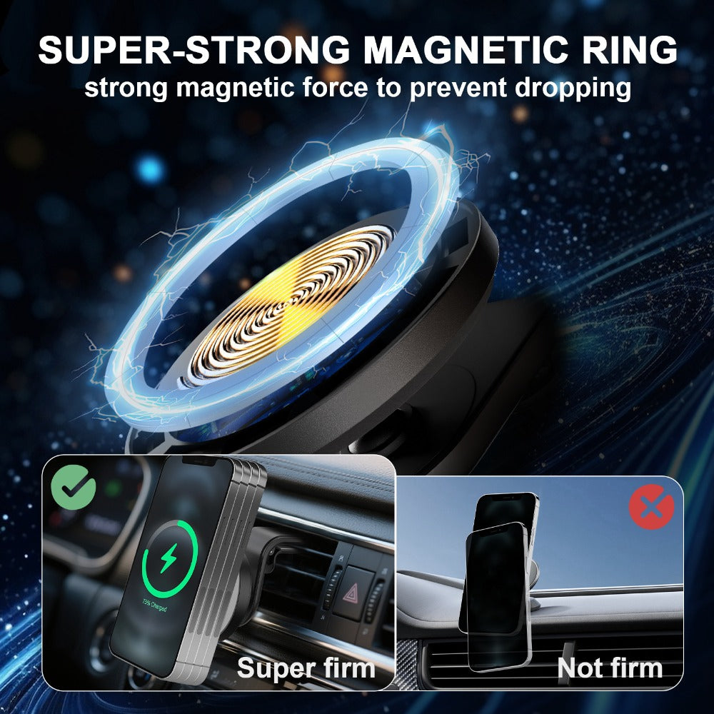 15W Magnetic Wireless Charging Car Phone Mount with Vent Clip, Swivel Joint and Black or White Finish