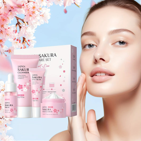 Niacinamide Brightening Sakura Skincare Gift Set 4pcs Serum Eye Cream Moisturizer Foam Cleanser - Complete Brightening Hydrating Routine for Uneven Complexion Dark Spots Women