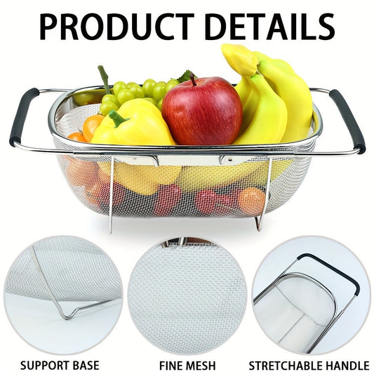 Expandable Sink Colander Stainless Steel – Over the Sink Strainer Basket with Fine Mesh & Rubber Grip, Adjustable Kitchen Drain Strainer for Vegetables, Fruits & Pasta, Small & Large Size