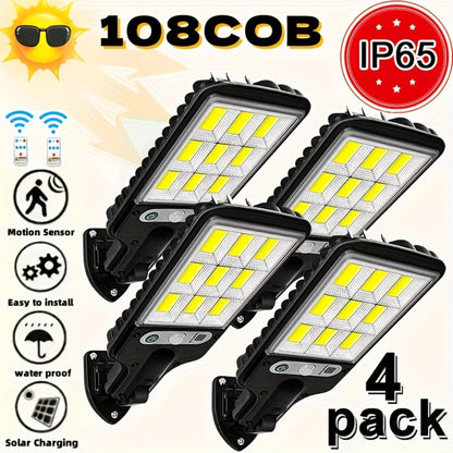 Solar Motion Sensor Security Wall Light 108COB LED – Outdoor Solar Powered Street Light with Remote Control & 3 Modes | Waterproof Garden Spotlight for Patio, Porch, Door & Garage | 2/4/8pcs Pack