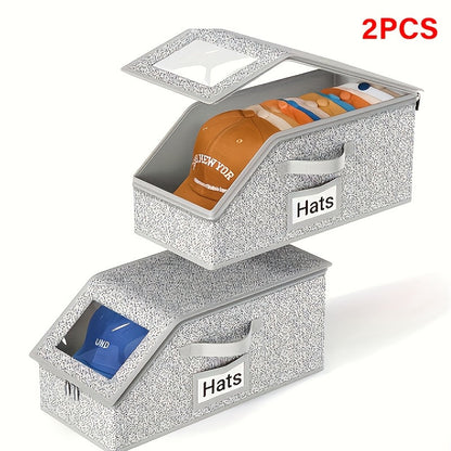 Baseball Cap Storage Box 2 Pack – Foldable Stackable Zippered Hat Organizer, Large Capacity Dustproof Closet Storage for Caps, Hats & Clothes, Durable Fabric