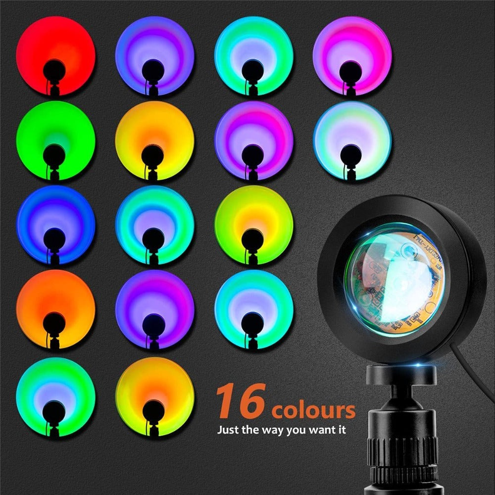 RGB Sunset Lamp Projection with Stand & Remote Control – USB Color Changing Sunset Light for Bedroom, Photography, TikTok, Aesthetic Room Decor & Laptop Compatible