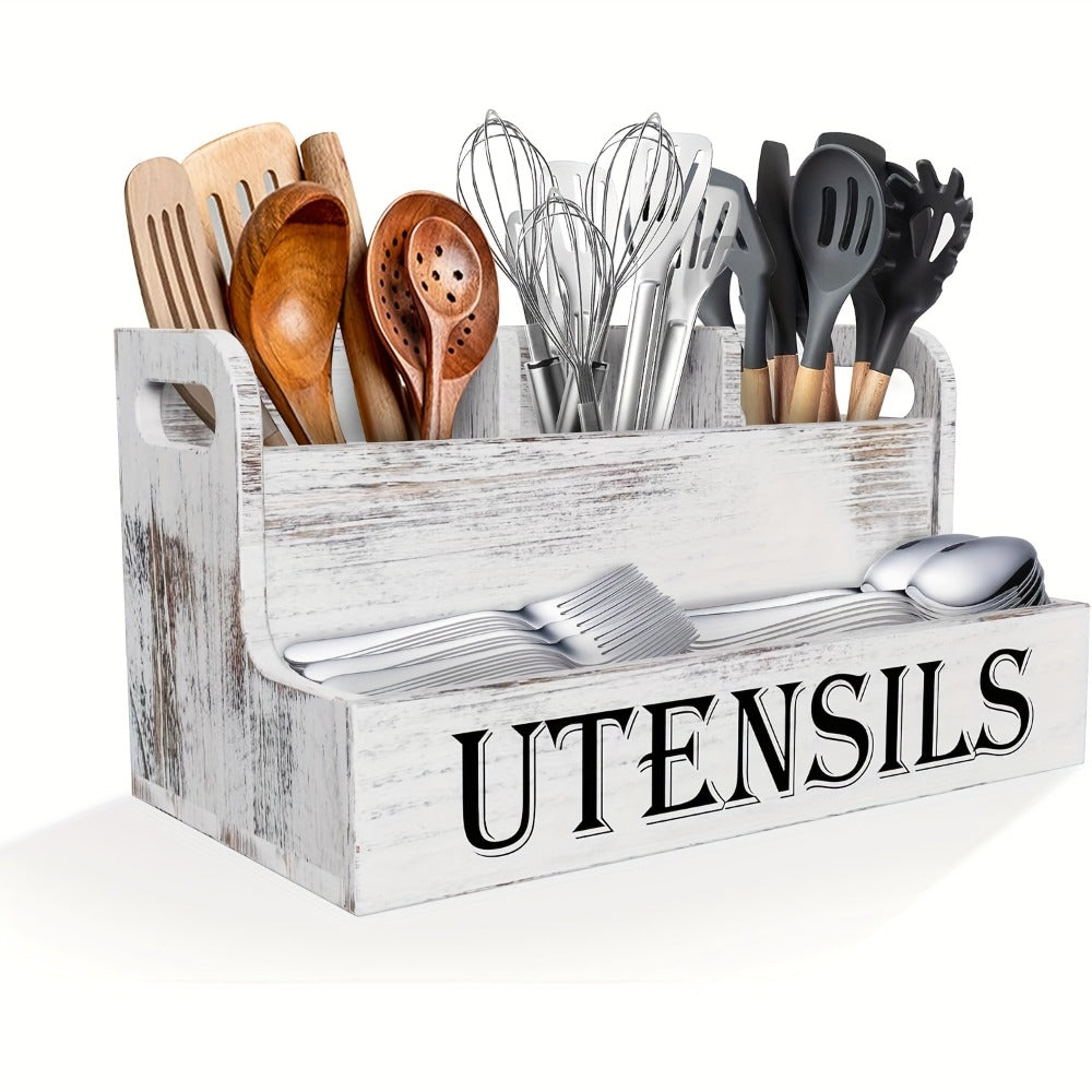Utensil Holder Kitchen Organizer with Four Wood Compartments, Countertop Shelf and White or Black Finish