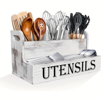 Utensil Holder Kitchen Organizer with Four Wood Compartments, Countertop Shelf and White or Black Finish