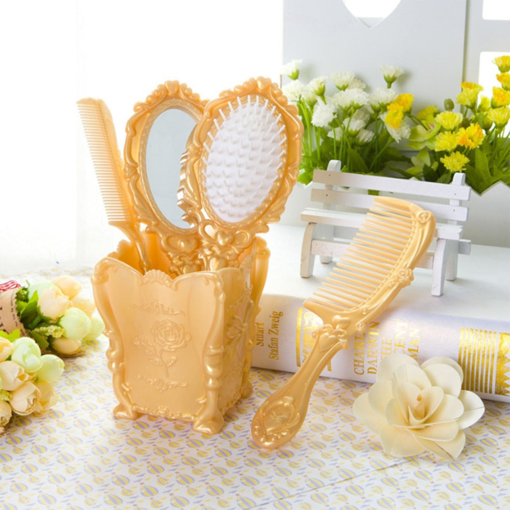 Retro Hair Comb Set with Mirror Scalp Massage Hairbrush Pocket Mirror Vintage Vanity Brush Set for Women Girls Travel Daily Grooming Makeup Gift Black