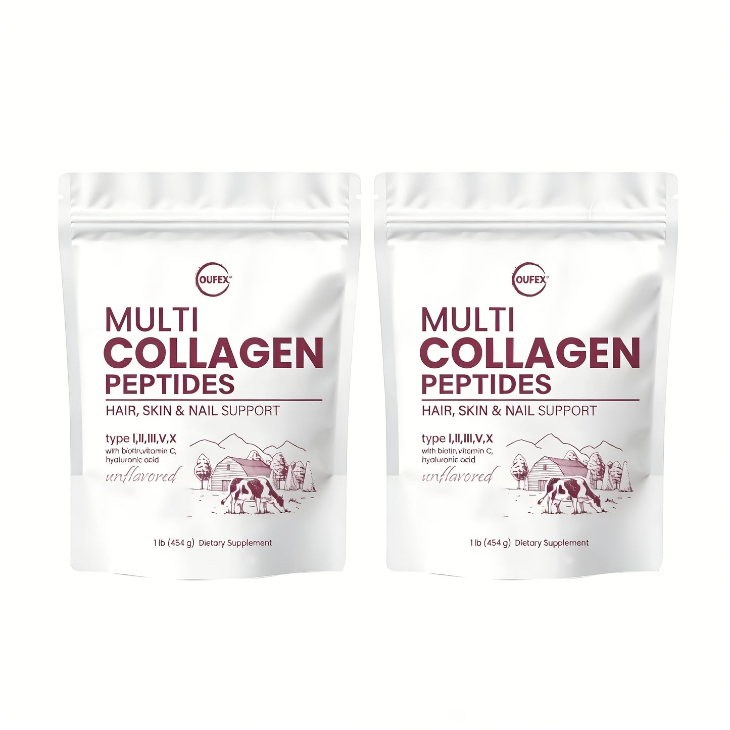 Dietary Supplement Multi-Collagen Powder with Types I, II, III, V and X, Biotin and Vitamin C, 2-Pack