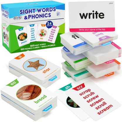 Sight Words and Phonics Flash Card Set with 500 Sight Words, 150 Phonics Cards and Three Learning Levels