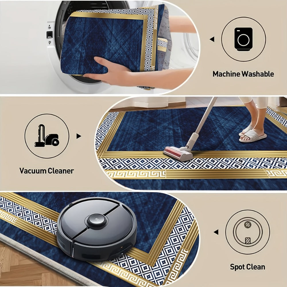 Navy Blue and Gold Geometric Area Rug with Four Exact Rectangular Size Options for Living Spaces