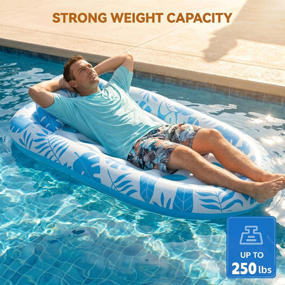 Blue-and-White Inflatable Pool Lounger with Backrest, Cup Holder and 77 x 50-Inch Pictured Size