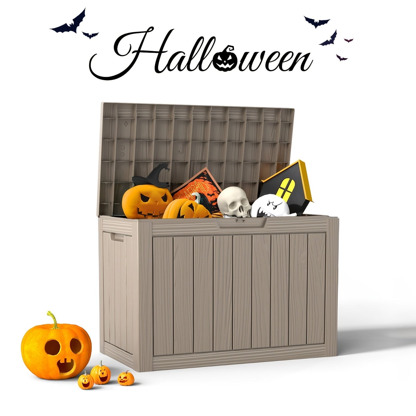 Wood-Grain Resin Deck Storage Box with Lockable Lid in Black or Light Brown Finish Options