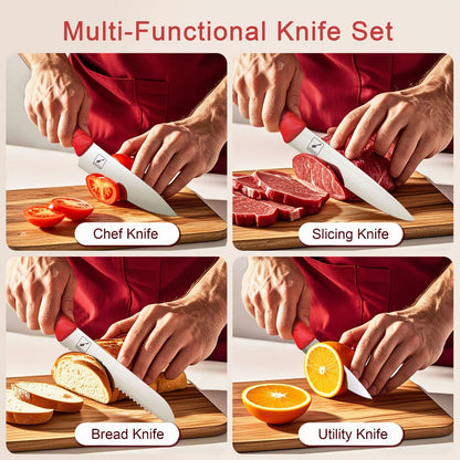 14-Piece Kitchen Knife Set with Japanese 420 Stainless Steel Label, Red Handles, Scissors and Sharpening Block