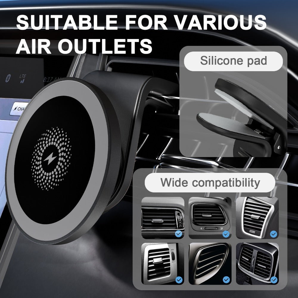 15W Magnetic Wireless Charging Car Phone Mount with Vent Clip, Swivel Joint and Black or White Finish