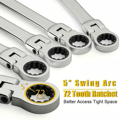 Six-Piece Double-Ended Ratchet Wrench Set with 8–17 mm Metric Sizes, 72-Tooth Heads and Storage Bag