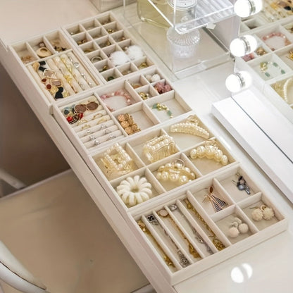 Stackable Jewelry Organizer Trays 6-Piece Set – Rectangular Multi-Compartment Drawer Inserts with Removable Dividers for Earrings, Rings, Necklaces & Bracelets – Tabletop Jewelry Display Case Storage