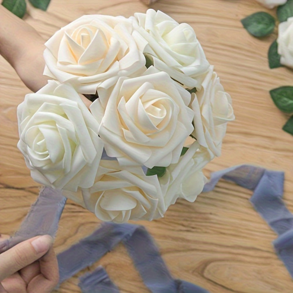 Artificial Flowers 50-Piece White Silk-Style Rose Set with Stems for Wedding Bouquets and DIY Decor