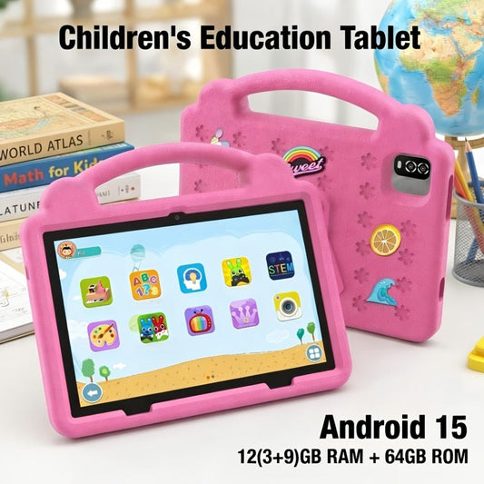 Kids Tablet 10.1 Inch Android 15 – 12GB RAM 64GB ROM Expandable 1TB, 6000mAh Battery, WiFi 6, 1280x800 IPS HD Screen, Dual Camera, Parental Controls, Pre-installed Games, Protective Case Included