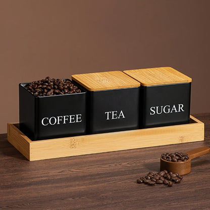 Three-Piece Black or White Ceramic-Style Kitchen Canister Set for Coffee, Tea, Sugar or Spices