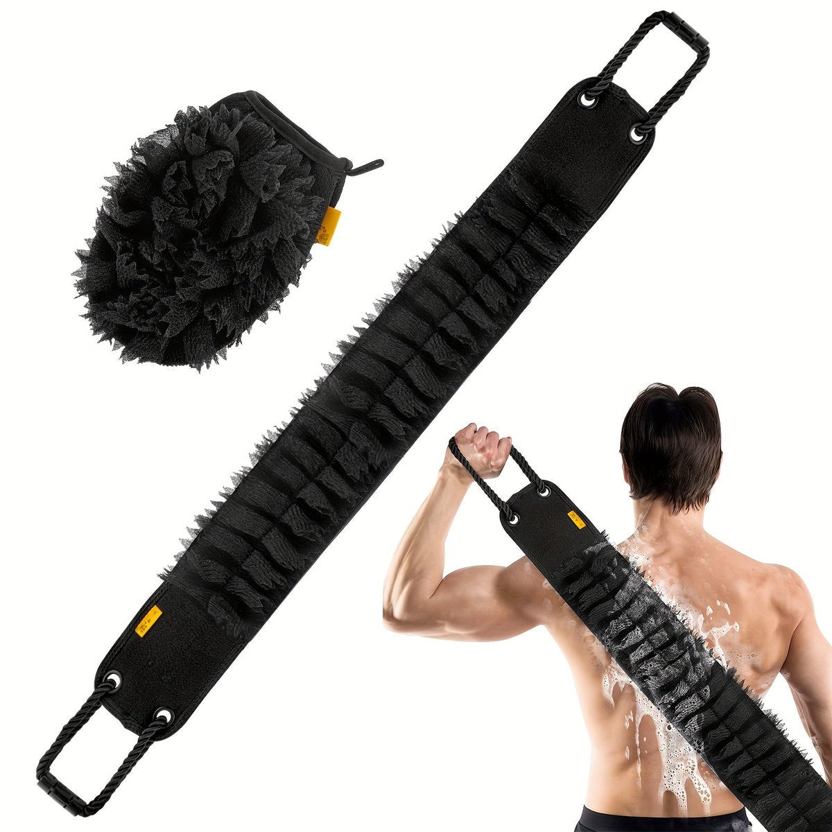 Exfoliating Back Scrubber Set with Bath Glove - 36" Dual-Sided Body Scrub Towel, Non-Slip Handles