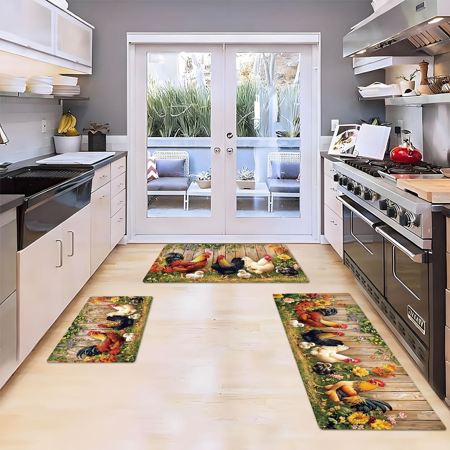 Rooster Farmhouse Kitchen Rugs in Round, Runner and 1- to 4-Piece Mat Set Size Options for Floors