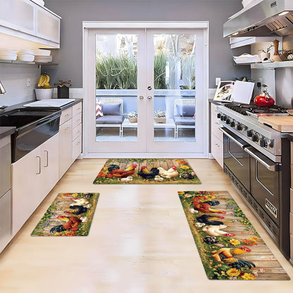 Rooster Farmhouse Kitchen Rugs in Round, Runner and 1- to 4-Piece Mat Set Size Options for Floors